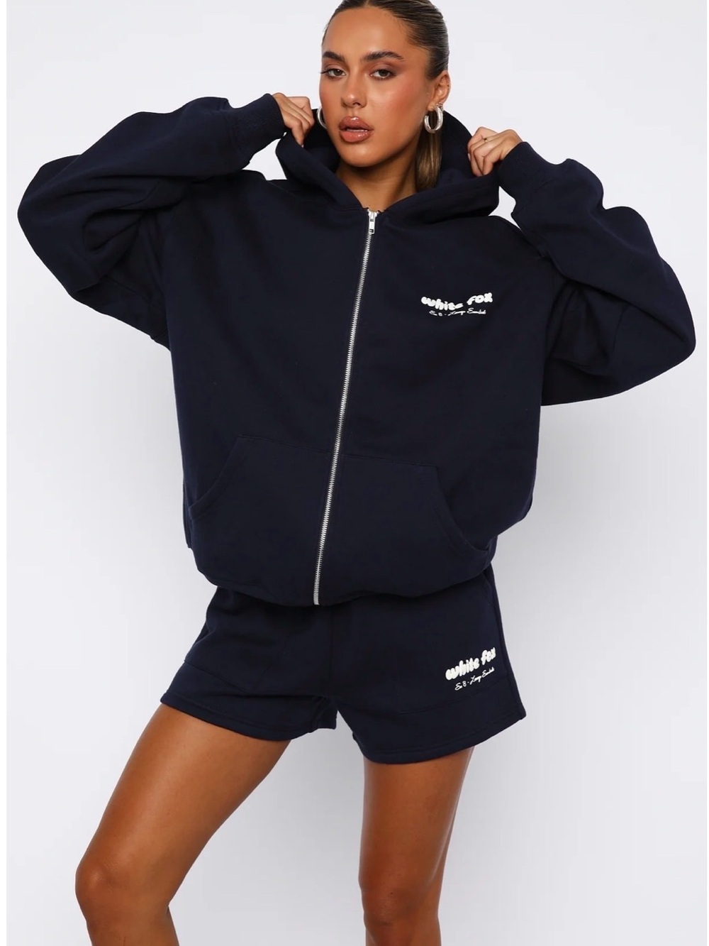 White Fox Era 8 Zip Front Hoodie Navy Oversized XS/S